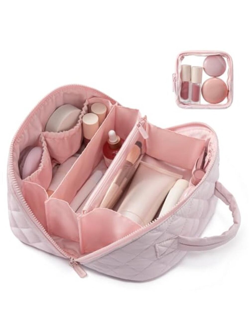 Pink Puffer Makeup Bag 2Pc Set Waterproof Travel Cosmetic Organizer Lay Flat